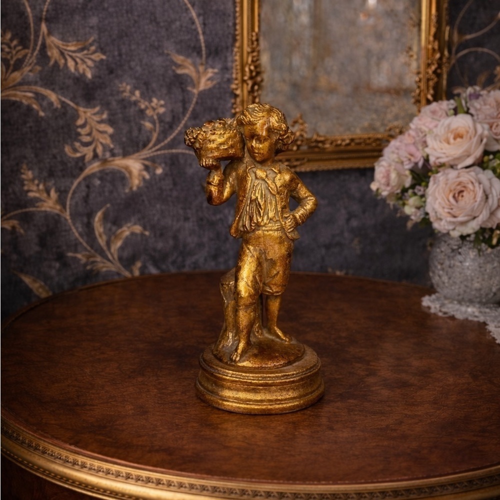 Vintage Borghese Style Gold Figurine Boy with Basket Hollywood Regency
